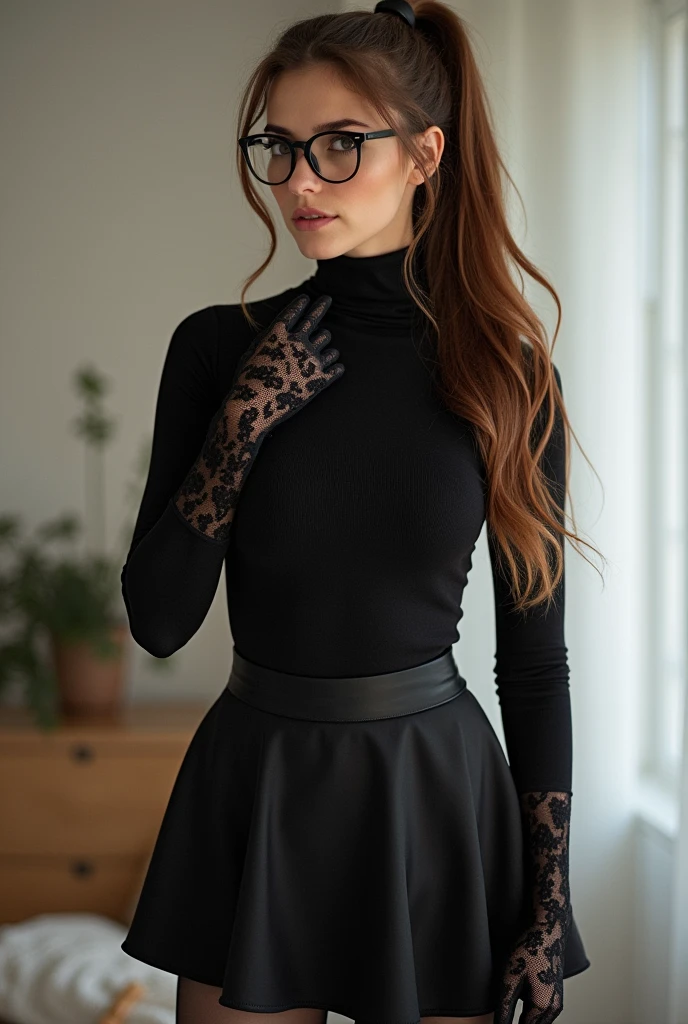 With long,brown hair、ponytail、cute face、 she wears a turtleneck and a skirt.、black pantyhose、Wearing glasses、Wearing black lace gloves、Adult german woman、full body view.、