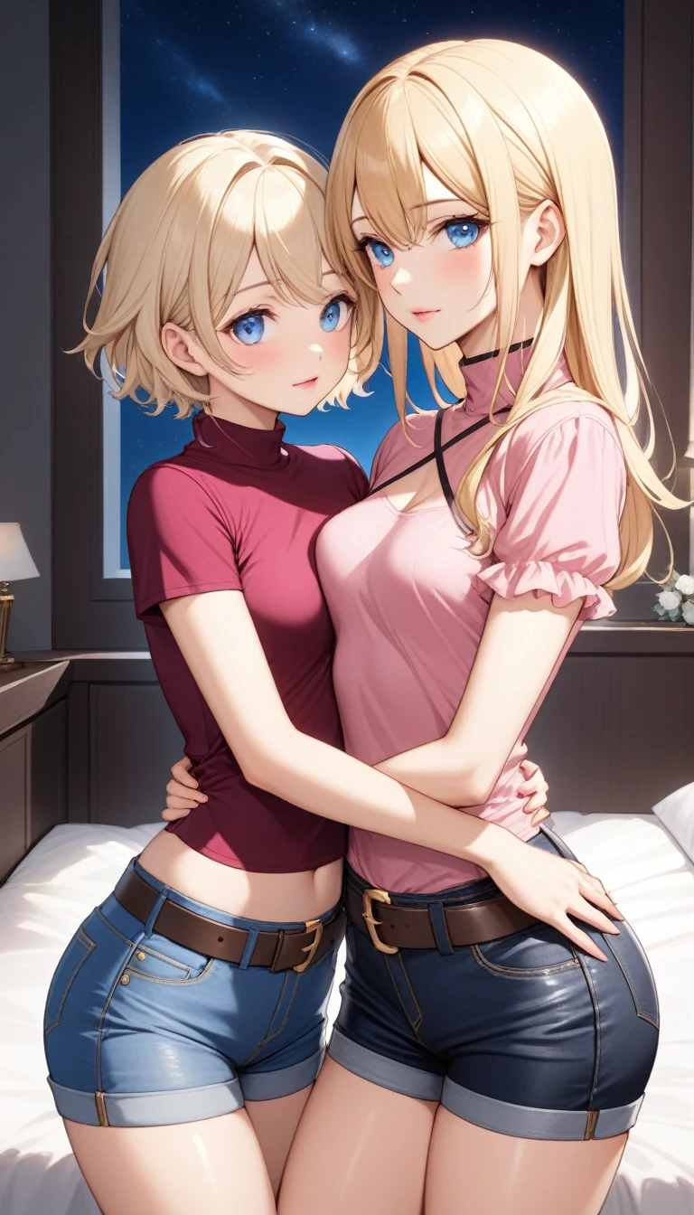 Two beautiful ladies ((lady 1: 35y old mom, with short straight blonde hair, lady 1 with blue eyes and caucasian skin, lady 1 wearing Tight Jean Shorts and Leather Belt, lady 1 Sexy Criss Cross Mock Neck Short Sleeves Bright Pink Blouse)), ((lady 2: y old daughter, with short straight blonde hair, lady 2 with blue eyes and caucasian skin, lady 2 wearing Tight Jean Shorts and Leather Belt, lady 2 Sexy Criss Cross Mock Neck Short Sleeves Burgundy Blouse)), luxurious jewelry, 18k gold wedding ring on left hand, standing in their bedroom at night, hugging and kissing each other, (light brown lipstick), (elegant mascara), (slim body), (small breasts), (wide hips), endjourney, <lora:GoodHands-, <lora:GoodLegs-, UHD, high resolution, (expressive eyes, perfect face, full body, expressive face, perfect body, perfect pussy, athletic, fit, slim body, blushing, Perfect makeup, eyeliner, beautiful eyelashes, smiling, horny face), ((best illumination, best shadows)), ((sexy pose)), ((Front pov:1.1))