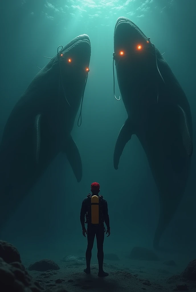 a man alone with a red cap at the bottom of the dark ocean in scuba diving clothes watching sea monsters that look like whales with 4 eyes with orange lights coming out of the eyes with harpoons hanging and a giant mouth at the bottom