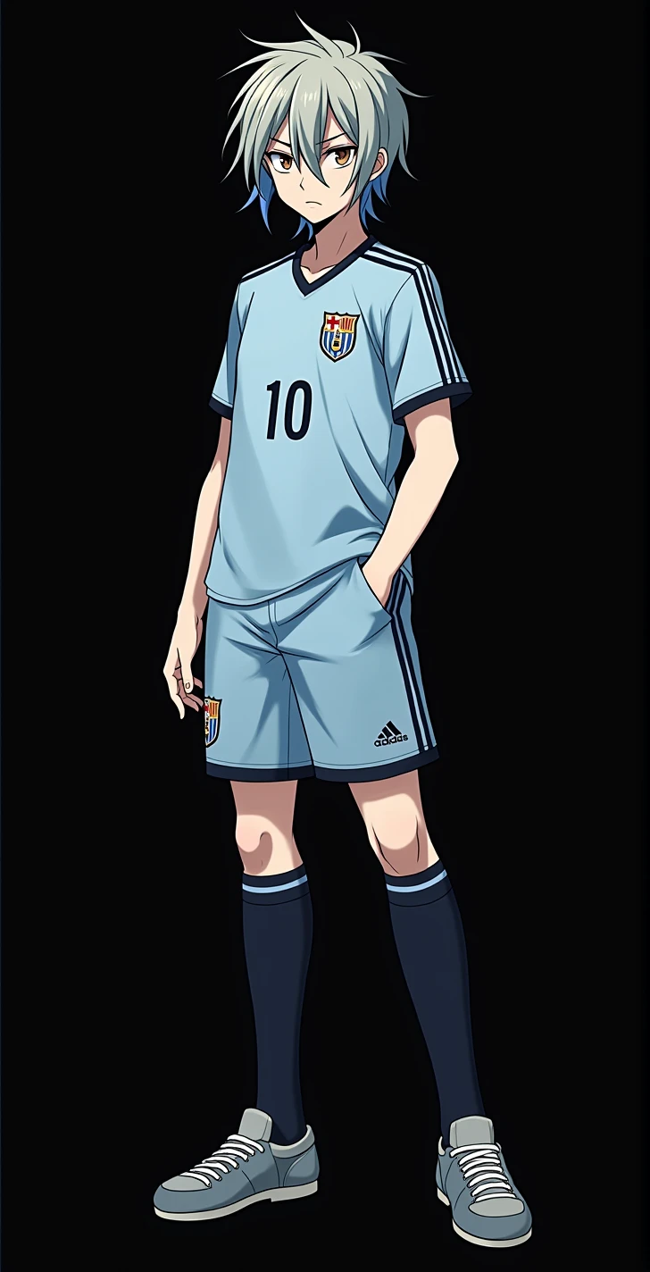 character, masculine, stocky body, Whole body, blue lock style, short blonde hair, brown eyes, jersey with the number ten, light blue football shirt, black football shorts, black low sports socks, soccer shoes, slanted eyes, serious face, intimidating, pride, attractive, anime, 4k, White background