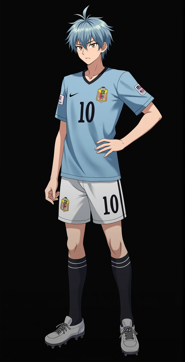 character, masculine, stocky body, Whole body, blue lock style, short blonde hair, brown eyes, jersey with the number ten, light blue football shirt, black football shorts, black low sports socks, soccer shoes, slanted eyes, serious face, intimidating, pride, attractive, anime, 4k, White background