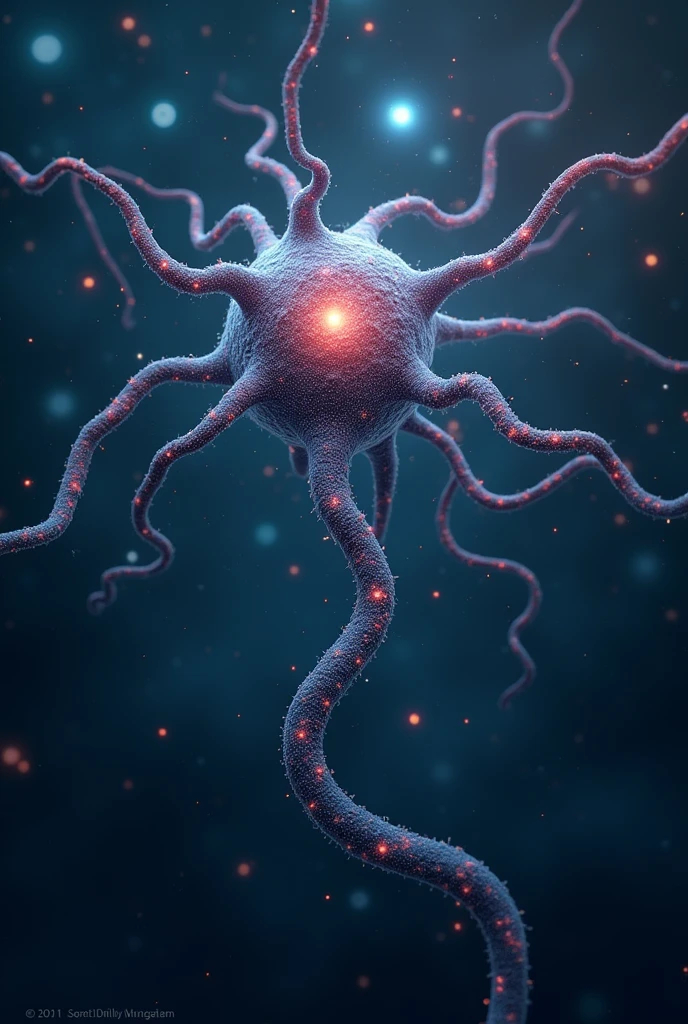 An artistic representation of a neuron, with tendrils that spread out and connect to a digital galaxy, symbolizing the complex web of connections in neural networks.