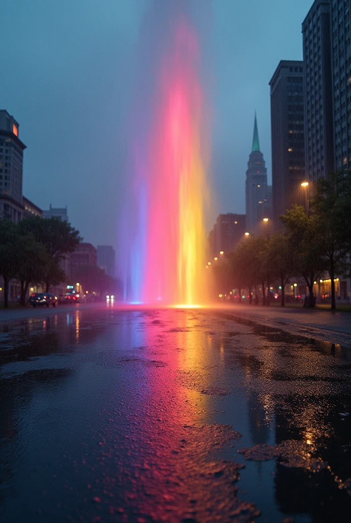 , rainbow colored rain , metropolis in the background ,