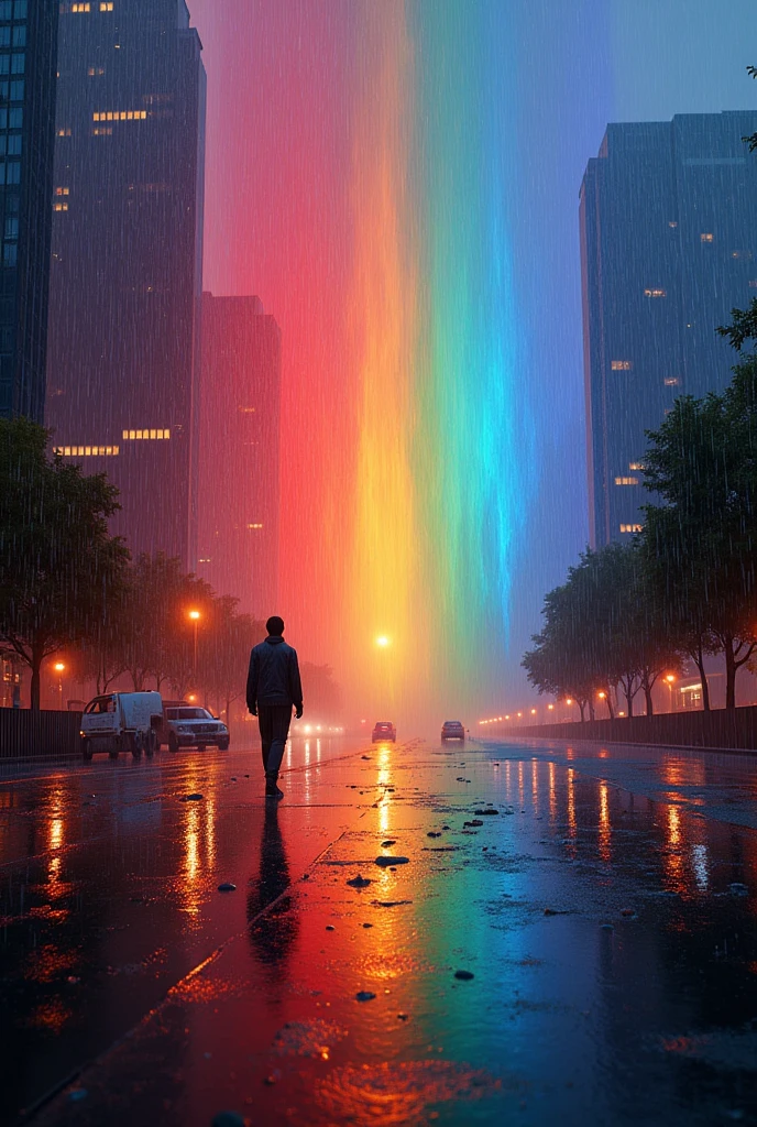, rainbow colored rain , metropolis in the background ,