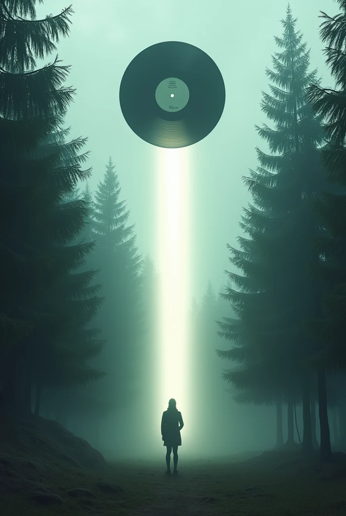 pine trees near the screen,and a little far away a vinyl record flying sideways over the pine trees and a white light descending from it above a person