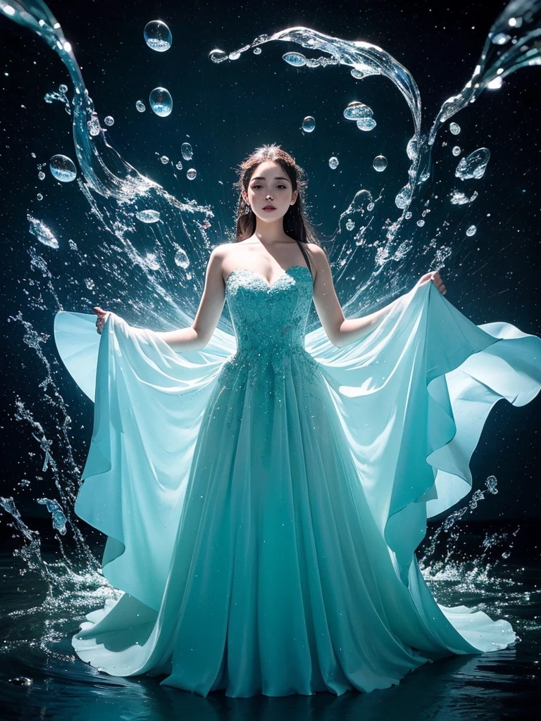 Young woman wearing a dress entirely made of transparent flowing water. Fluid, cascading gown with dynamic water movement. creating a mesmerizing blend of flowing liquid and delicate bubble structures. Dynamic poses, dancing, Shimmering, iridescent water surface with rainbow reflections on bubble areas. Water drops of various sizes forming the dress's texture. High-detail photography, fantasy concept art style. Simple plain light blue background. Flowing water in space.