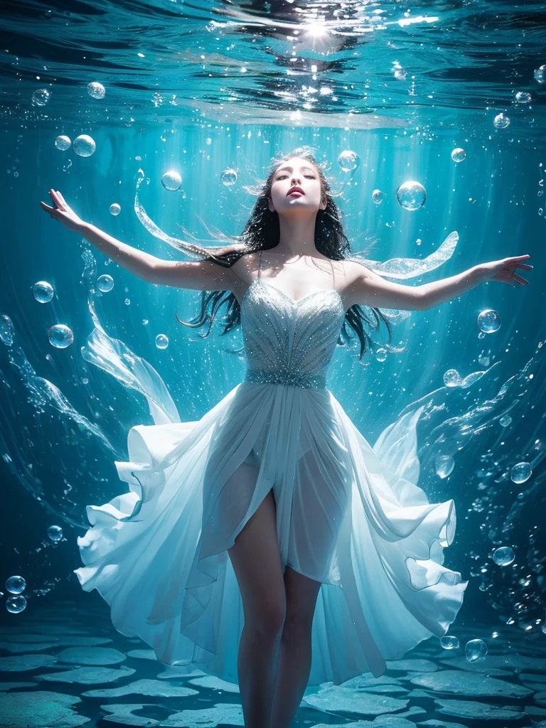 Young woman wearing a dress entirely made of transparent flowing water. Fluid, cascading gown with dynamic water movement. creating a mesmerizing blend of flowing liquid and delicate bubble structures. Dynamic poses, dancing, Shimmering, iridescent water surface with rainbow reflections on bubble areas. Water drops of various sizes forming the dress's texture. High-detail photography, fantasy concept art style. Simple plain light blue background. Flowing water in space.