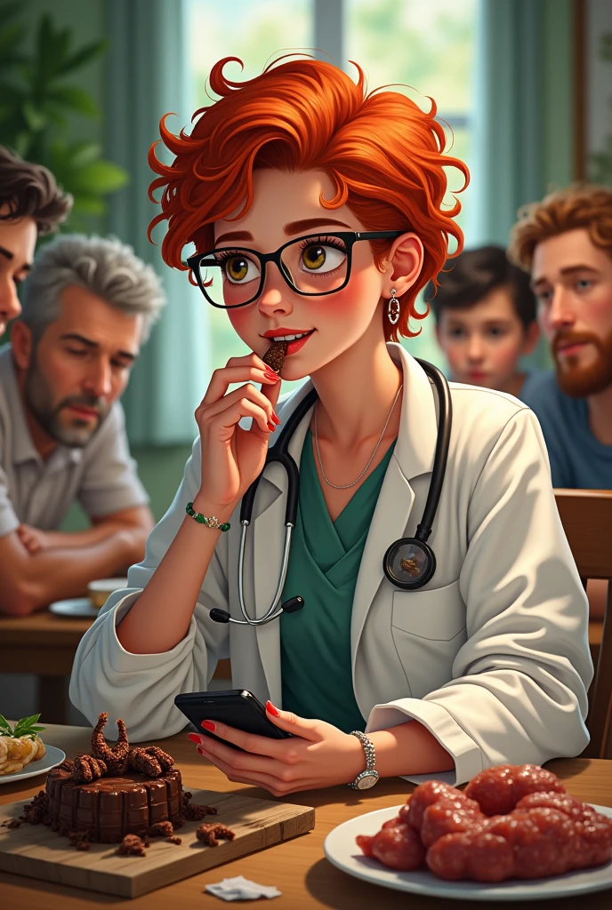 A red-haired doctor, with short curly hair, who wears glasses, eating vegan chocolate while studying and reading a lot about scorpions with a rosary and a cell phone in hand. Put the father, the mother and three of her friends in the background of the image eating meat