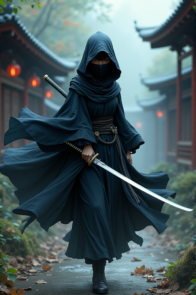 A mask ninja wearing black clok,on her hand japanise Katana anima move picture
