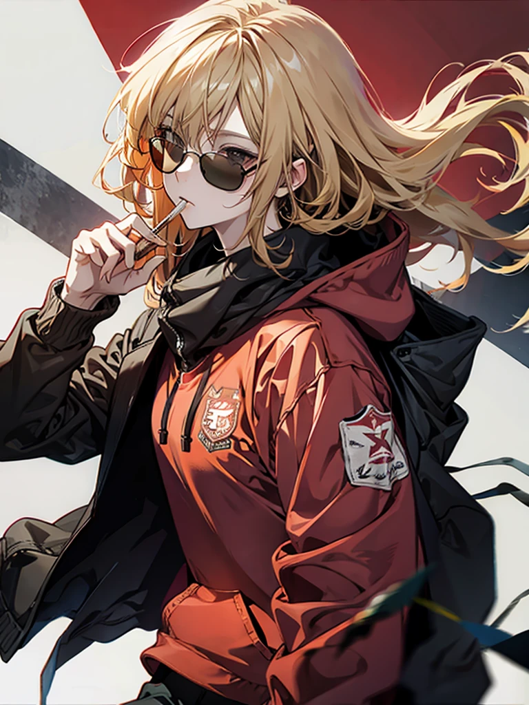 Man, cool, red sunglasses, hoodie, mentally unstable, cigarette, blonde