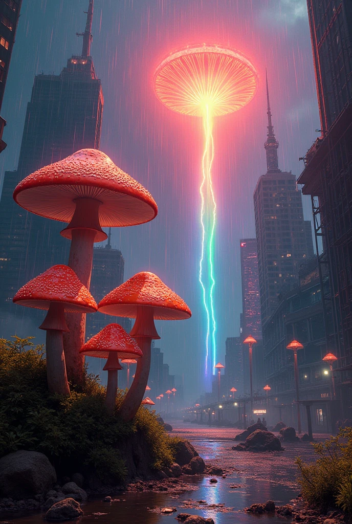 LSD effect, Rainbow Rain of Mushrooms , metropolis in the background ,