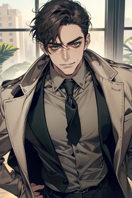 masterpiece, best quality, realistic, 1man, mature male, quiet and charming mature man, 34 years old, smirk and look on the side, closed mouth, portrait, extremely detailed face, smirk, (dark green eyes), (short-side-swept sandy grey black hair)), [thick eyebrows], (detective clothing)