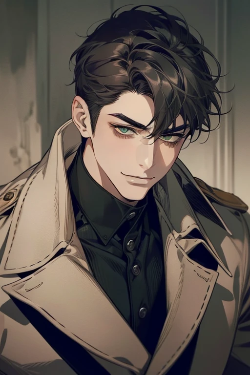 masterpiece, best quality, realistic, 1man, mature male, quiet and charming mature man, 34 years old, smirk and look on the side, closed mouth, portrait, extremely detailed face, smirk, (dark green eyes), (short-side-swept sandy grey black hair)), [thick eyebrows], (detective clothing)