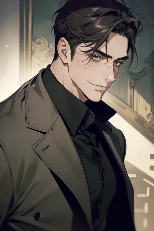 masterpiece, best quality, realistic, 1man, mature male, quiet and charming mature man, 34 years old, smirk and look on the side, closed mouth, portrait, extremely detailed face, smirk, (dark green eyes), (short-side-swept sandy grey black hair)), [thick eyebrows], (detective clothing)