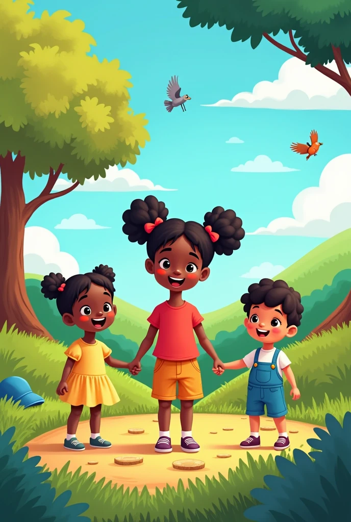Create a whimsical storybook illustration with the following details:
Setting:
Background: A vibrant cartoon landscape with rolling green hills and a bright blue sky filled with fluffy white clouds. Include a large, colorful tree with some birds perched on its branches to add a playful touch.
Characters:
River: A young Black American girl with two buns as pigtails, each secured with a bow. She is wearing a red shirt and is standing in the center of the scene, smiling and holding hands with the other characters.
June: Another Black American child, wearing a yellow dress. June is standing next to River, also smiling and holding hands.
Kai: A Black American child dressed in blue overalls. Kai is standing on the other side of River, joining in the smile and hand-holding.
Missing Items:
Above the Characters: Create faint, almost invisible outlines or dotted lines to suggest where a cat, bat, and rat might be if they were flying or crawling around.
On the Ground: Show empty spots where green logs would be. Use faint shadows or soft outlines to indicate their presence without actually drawing them.
Near the Tree: Add soft, transparent outlines where a hog and frog could be, but do not draw them in.
At Their Feet: Include transparent or faintly colored outlines of blue hats, making it clear they are not actually there.
Text Placement:
Place the rhyming text "River, June, and Kai do not have a cat..." at the top of the illustration in a fun, playful font. The text should be easy to read and match the whimsical style of the image.
Color Palette:
Use bright and cheerful colors throughout the scene. The background should feature vivid greens, blues, and yellows. Ensure the outlines of the missing items are in lighter shades to emphasize their absence.
Overall Feel:
The illustration should have a playful and engaging atmosphere, focusing on the concept of what’s not in the scene in a whimsical manner. The children should be depicted with happy expressions, making the scene