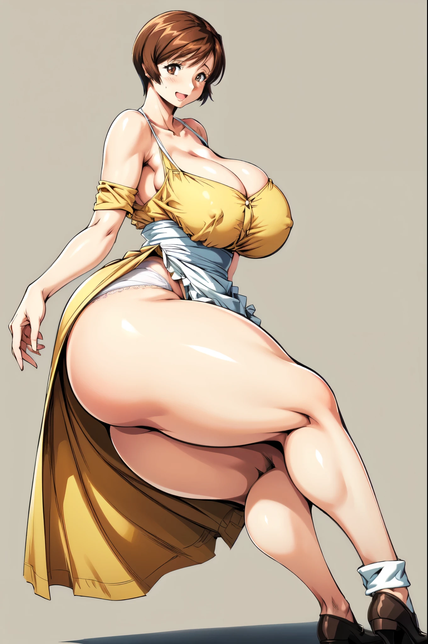 masterpiece, Highest quality, High resolution, One girl, alone, sexual intercourse, Pornographic images, short hair, etsukoto, Brown eyes, fine grain, fine grain, (white skin color), (((Thick thighs, Plump thighs, Voluptuous thighs, Thighs alone are enough))), ((Huge and enough breasts, Cleavage, Big long breasts)), Naughty big,((Big breasts are important))、((Naughty thighs)), L Cup, (thin:1.4),(Tight waist:1.4), (Yellow Dress:1.4), ((white waist apron)), White panties, (((Simple Background))), smile, Open your mouth, ((Wide Hips)), (Shiny skin, Oily skin), Mature mother, Calf, Seductive mature woman, Mature Woman, Perfect body, Plus Size Model, Curvy, enough, etsukoto, blush, clavicle, retro artstyle, 1990s (style), (Thick thighs:1.4), (from side:0.9), (standing), (((spread legs))), ((bare legs)), full body shot,