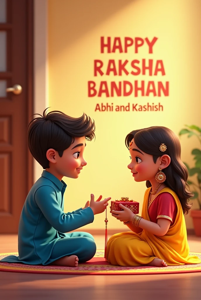 A realistic 20 year old cute boy and girl are sitting face to face on a colourful mat in the home lobby,the boy has extended one of his hand forward and girl trying Rakhi on brother's hand. boy is wearing a blue coloured kurta and girl ks wearing a yellow lehenga,boy has a gift box in his other hand, is smiling, girl has applied tilak on his forehead,and the wall in bold letters "HAPPY RAKSHA BANDHAN A B H I and K A S H I S H" it is written, 4k image