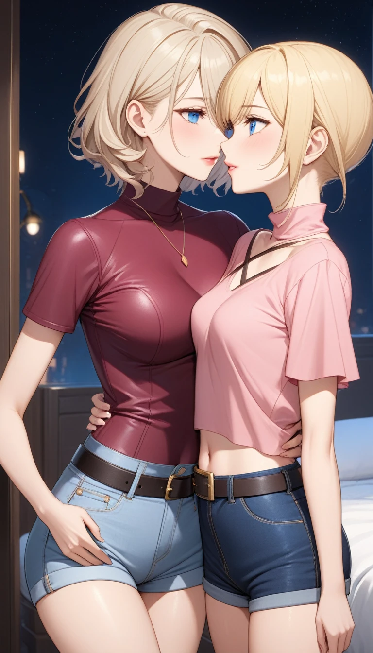 Two beautiful ladies ((lady 1: 35y old mom, with short straight blonde hair, lady 1 with blue eyes and caucasian skin, lady 1 wearing Tight Jean Shorts and Leather Belt, lady 1 Sexy Criss Cross Mock Neck Short Sleeves Bright Pink Blouse)), ((lady 2: 13y old daughter, with short straight blonde hair, lady 2 with blue eyes and caucasian skin, lady 2 wearing Tight Jean Shorts and Leather Belt, lady 2 Sexy Criss Cross Mock Neck Short Sleeves Burgundy Blouse)), luxurious jewelry, 18k gold wedding ring on left hand, standing in their bedroom at night, hugging and kissing each other, (light brown lipstick), (elegant mascara), (slim body), (small breasts), (wide hips), endjourney, <lora:GoodHands-, <lora:GoodLegs-, UHD, high resolution, (expressive eyes, perfect face, full body, expressive face, perfect body, perfect pussy, athletic, fit, slim body, blushing, Perfect makeup, eyeliner, beautiful eyelashes, smiling, horny face), ((best illumination, best shadows)), ((sexy pose)), ((Front pov:1.1))