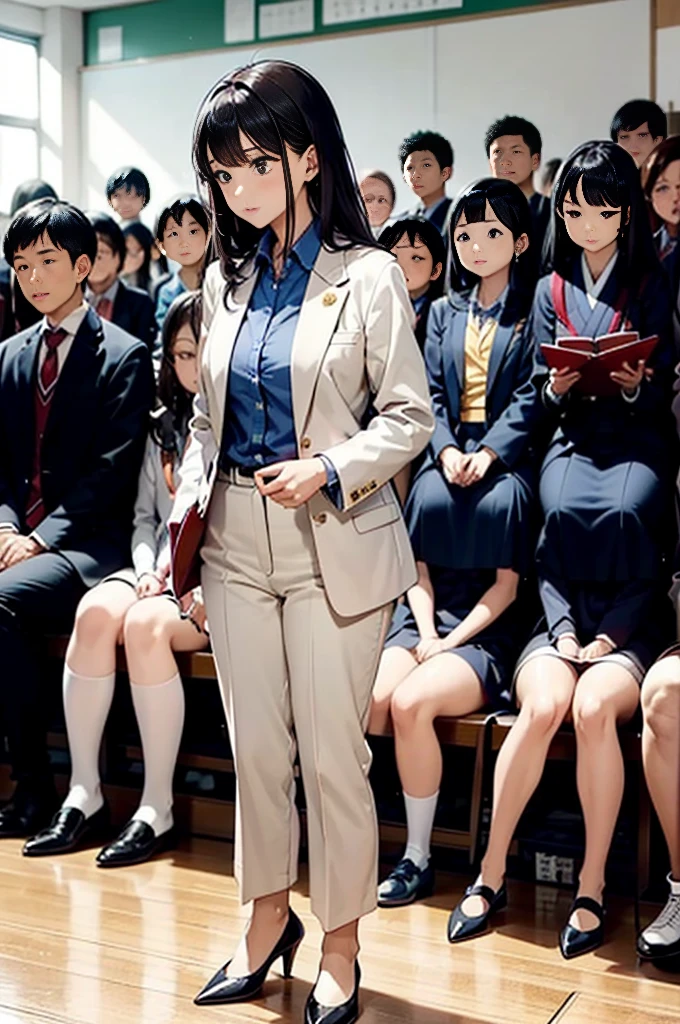 Female teacher urinates at student graduation ceremony、Pee leak、peeing herself、A lot of pee、From below、Gaze at the audience、White suit、High heels、Perfect figure、Very beautiful、Japanese elementary school teacher、Many students are seated in rows in the gymnasium.、A female teacher urinates while standing between the rows of students、I&#39;m so embarrassed I can&#39;t stop peeing、The lower half of the body is wet with urine、A female teacher receives relentless contempt from her students