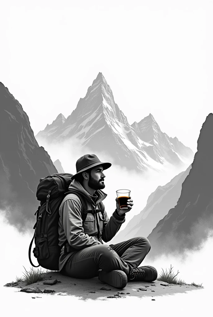 Nomad backpacker resting sitting between mountains with a chemex in hand in black white for logo