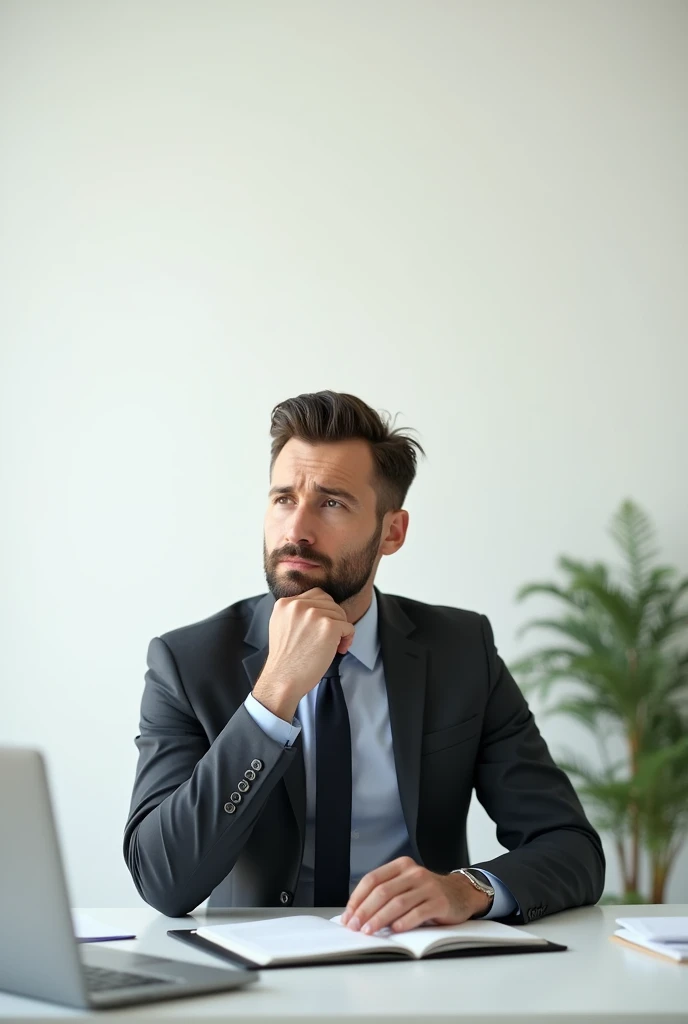 Create a office men image's with the position of thinking something The length of the image should be a little longer or the background should be white
