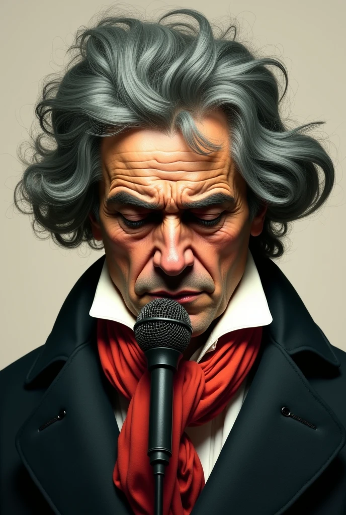 Split image: Deaf Beethoven vs. Beethoven speaking into a microphone