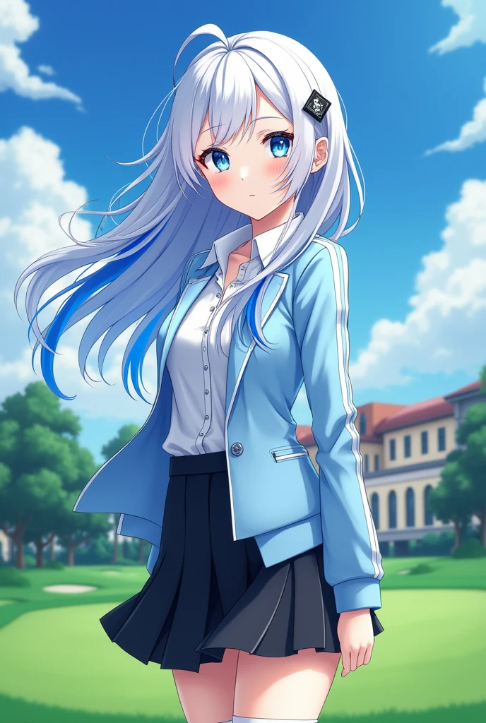 A girl with long, loose white hair, a blue streak, and blue eyes, anime,  anime golf academy wearing a light blue coat with white lines and a black skirt and white knee-high socks, 17 years old, very beautiful with a perfect body.
