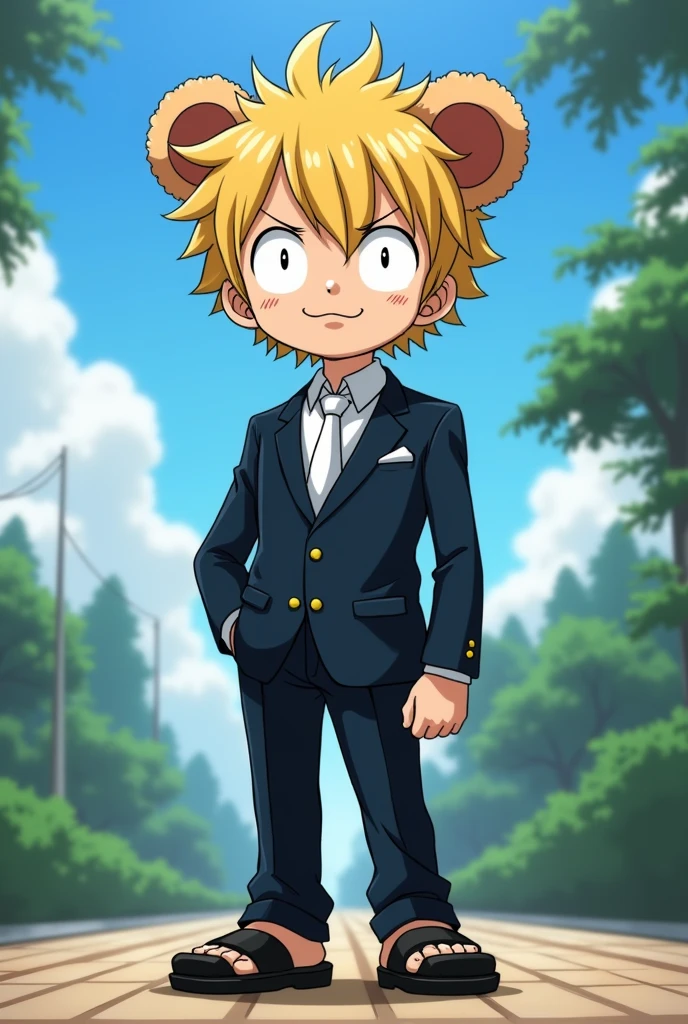 Um personagem de One Piece, that has bear ears, He is 2 meters and 30 centimeters tall and wears a suit with a white tie and black slippers. He is not very fat and only has bear ears, spiky hair and big, round eyes.. It&#39;s an anime character who wears slippers 