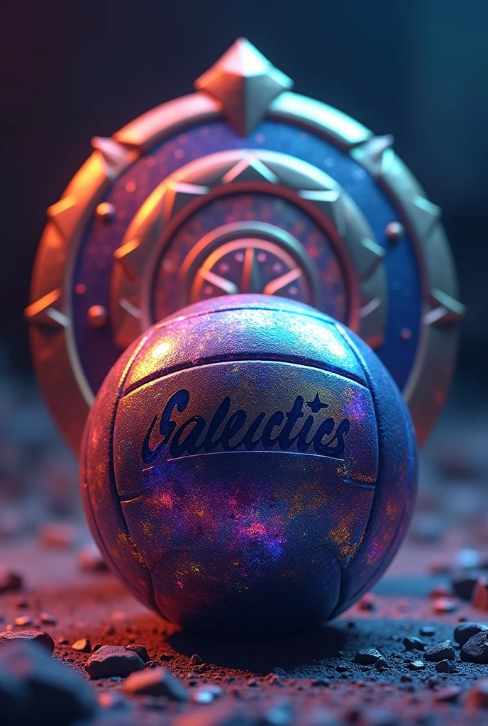 A volleyball with a shield in the background, beautiful and vivid colors, written on the shield the word Galactics