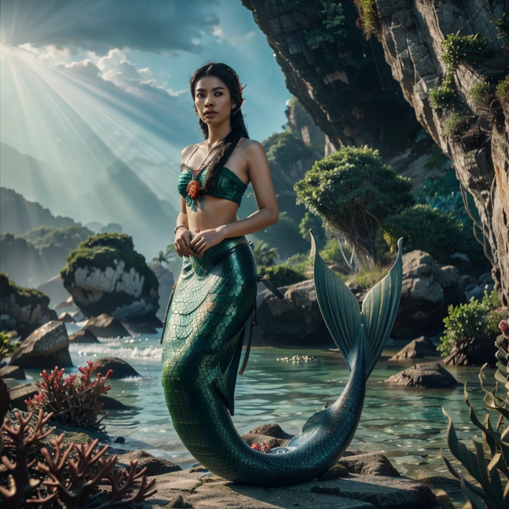 a Thai female mermaid, black hair, upper body is human, lower body is green fish tail only, swimming in the sea, wearing thai ancient traditional cloth on upper body only, half body visible above ocean, no headdress, limestone rock, coral, view from sea floor, beautiful detailed eyes, beautiful detailed lips, long eyelashes, extremely detailed anatomy, hyper realistic, masterpiece, 8k, high quality, volumetric lighting, photorealistic, cinematic lighting, dramatic lighting, vibrant colors, intricate details