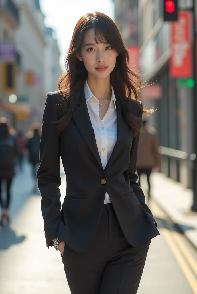 Woman in a suit standing on the sidewalk,((23-year-old woman))、small Breasts、Dark brown hair color、Hairstyle with bangs、Various hairstyles、Hairstyles of different lengths、(8k, RAW Photos, highest quality, Tabletop: 1.2),、(Realistic, Realistic: 1.3), Cityscape, Day, Sunny Morning, Professional Lighting, Photon Mapping, shirt, (Woman in a suit,) Silk Suit、Pencil Skirt、Tight Skirt、((Delicate photo))，(Detailed RAW Photos of Girls), (Tabletop:1.25), (highest quality:1.6), (超A high resolution:1.5), (Realistic:1.75), 8k resolution, Caphin EOS R5, 50mm, absurdes, Ultra-detailed,Cinema Lighting, (Skirt Lift:1.5)、nsfw、the wind is strong、smile、Skirt flipped up, ((phi_panties)), beautiful pussy, nsfw,