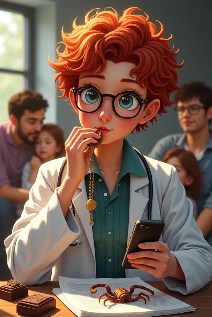 A red-haired doctor, with short curly hair,  who wears glasses, eating vegan chocolate while studying and reading a lot about scorpions with a rosary and a cell phone in hand. Put the father, the mother and three of her friends in the background of the image