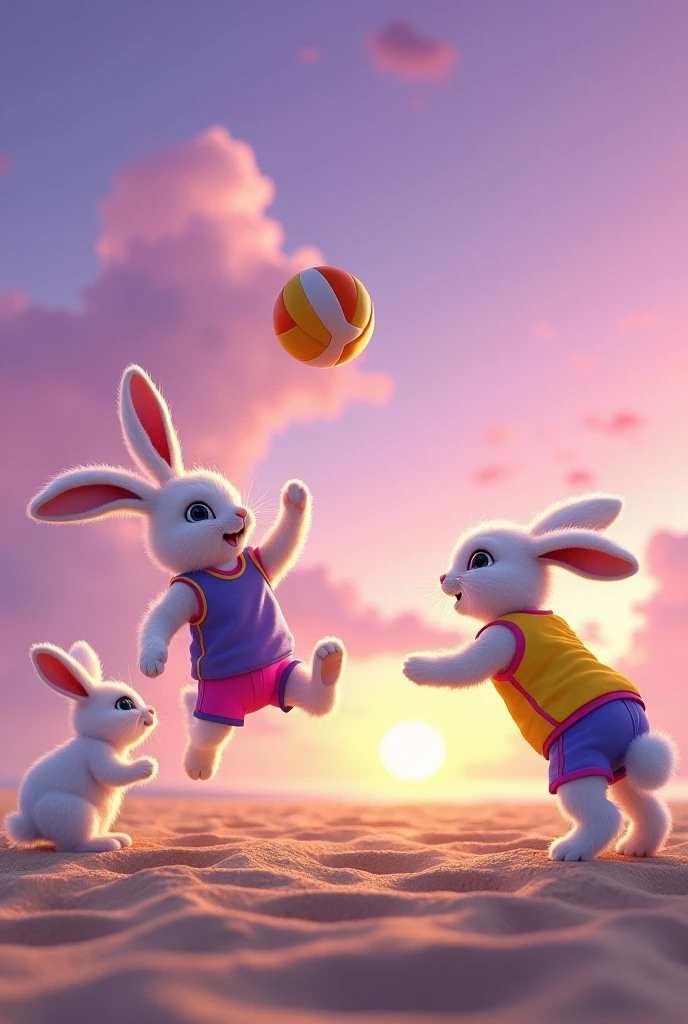 whimsical scene set on a sandy beach with white rabbits engaged in a game of sand volleyball. These rabbits, upright and anthropomorphized, are wearing colorful athletic gear—bright jerseys and shorts. Their fluffy fur contrasts vividly with the golden sand beneath their feet.
One rabbit is leaping into the air, paws outstretched, ready to spike the volleyball, while another is crouched low, poised to receive or set up the ball. The volleyball, decorated with vibrant patterns, is suspended in mid-air, adding a dynamic touch to the scene.
The background features a captivating purple sky, rich with hues of lavender, violet, and deep magenta. The sky creates a magical, almost surreal ambiance, casting a soft glow over the entire scene. The setting sun, just below the horizon, contributes to the purple gradient with streaks of pink and orange blending into the sky.
The sand is slightly textured, with gentle ripples and footprints of the rabbits, adding to the realism of their playful activity. Fluffy clouds drift lazily across the sky, enhancing the dreamlike quality of the image. The entire scene is bathed in a warm, enchanting light, making the game of volleyball feel both exciting and otherworldly.
