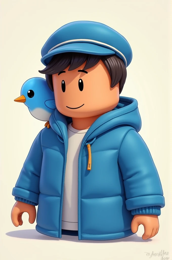 Make for me my Roblox game character with a light orange color, and his clothes he is wearing a blue coat a blue hat with white and a little blue bird on his shoulder and on his coat