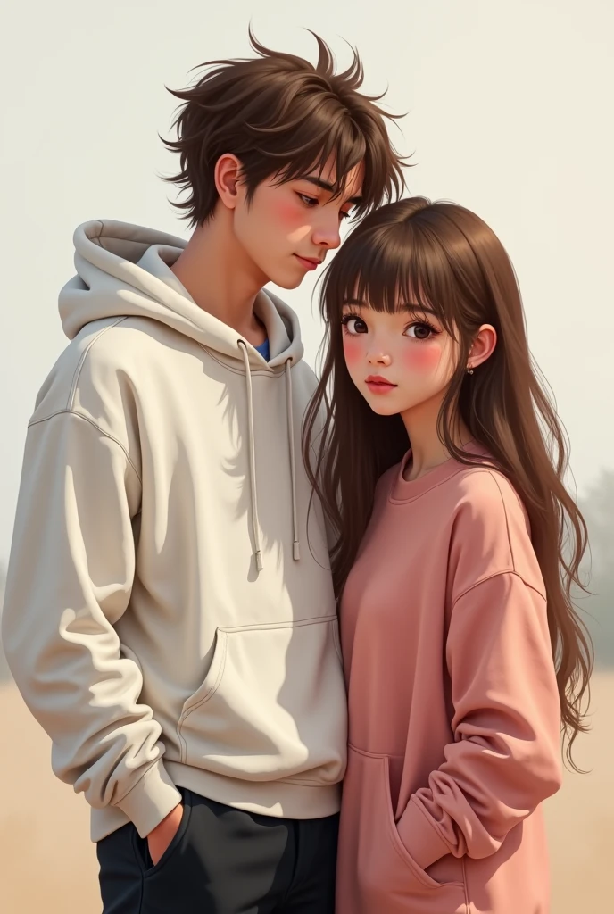 draw a semi realistic couple (boy: brown and wavy hair, wears a white hoodie and black sweatpants; girl: long hair with bangs, brown colored hair with highlights, wearing pink oversized shirt)