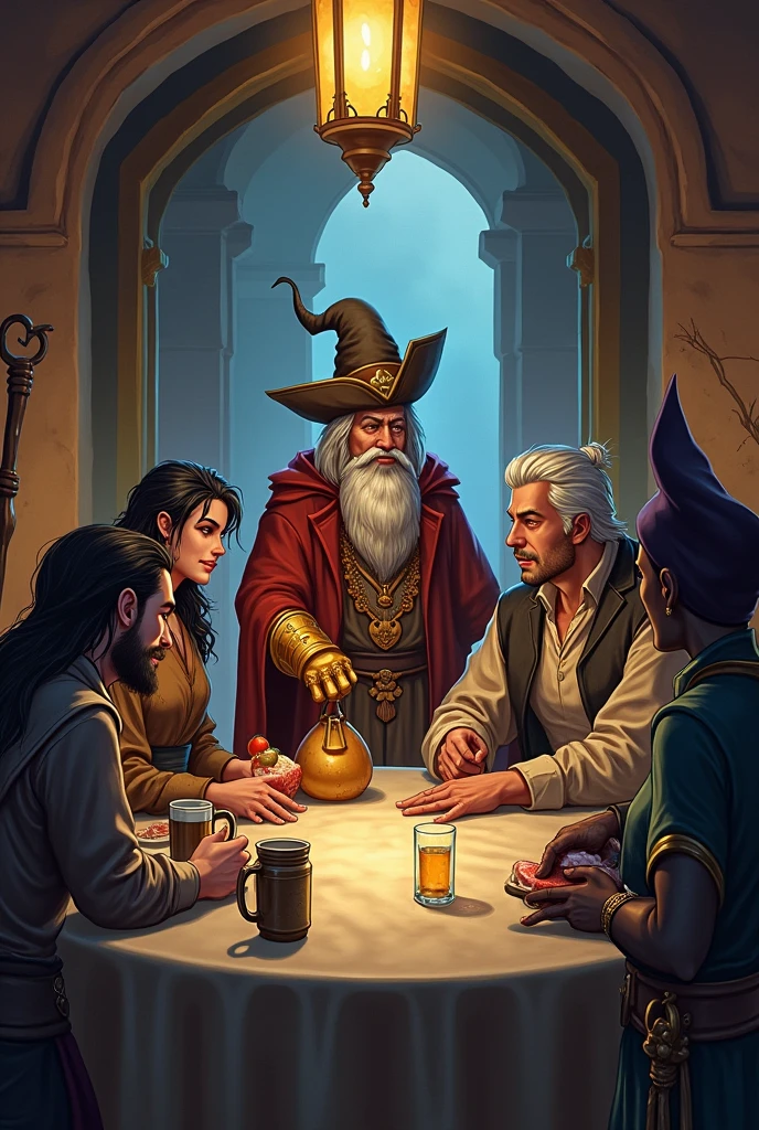 Create an illustration of a group with 6 RPG characters, 4 men and 2 women. everyone is sitting at a table in the house of a wizard who has clothes similar to a pirate and a golden gauntlet in one hand. The first is an elf hunter. with pointy ears. Beside her is a tiferino rogue she is storing fruit in her bag, has black hair and heterochromia. Beside her is a human wizard with white skin and black hair talking to the wizard who owns the house in front of him.. On the right side of the human facing the aforementioned tieferina, there is a dark-skinned human holding a piece of meat in one hand and a mug of beer in the other as he drinks he is the only black person at the table. Next to him is a witch with her staff paying attention to the wizard who owns the house who is sitting next to her and talking to the human already mentioned.. If there is something that is prohibited, just replace it
