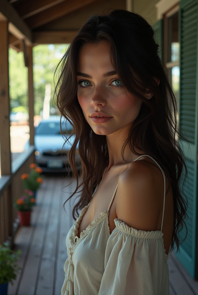 Brunette with blue eyes next to a porch and a microphone thrown next to the car