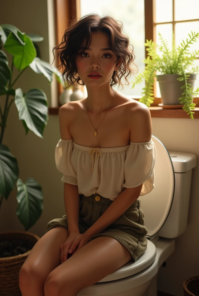 (photorealism:1.2), beautiful woman, sitting on Japanese toilet and diarrhea,.show ass with nasty diarrhea, wearing loose off-shoulder top, short skirt, short curly hair, diarrhea in back round indoors, soft lighting, plants in background, window with sunlight, cozy room, relaxed pose, realistic, intricate details, warm colors, by Greg Rutkowski, by Alphonse Mucha