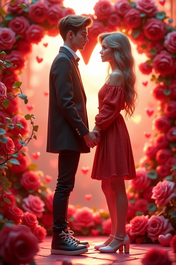 A young man with the initial "in" and a girl with initial "and" on a custom 3D background of red roses and hearts and with fashionable clothes