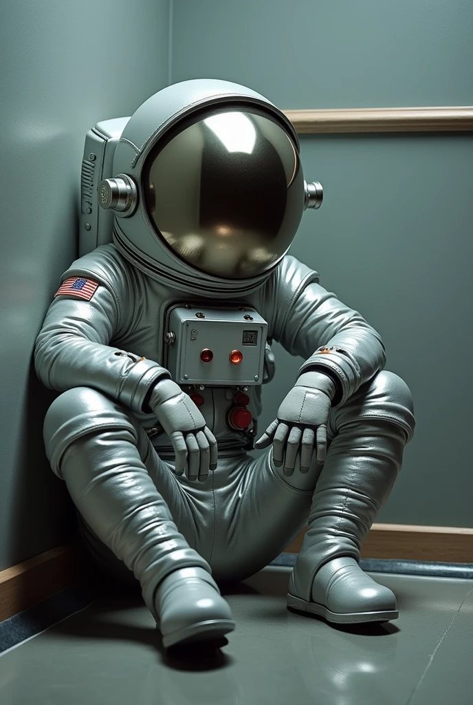 sad, silvery astronaut sits in a corner and cries. Suit mirrored