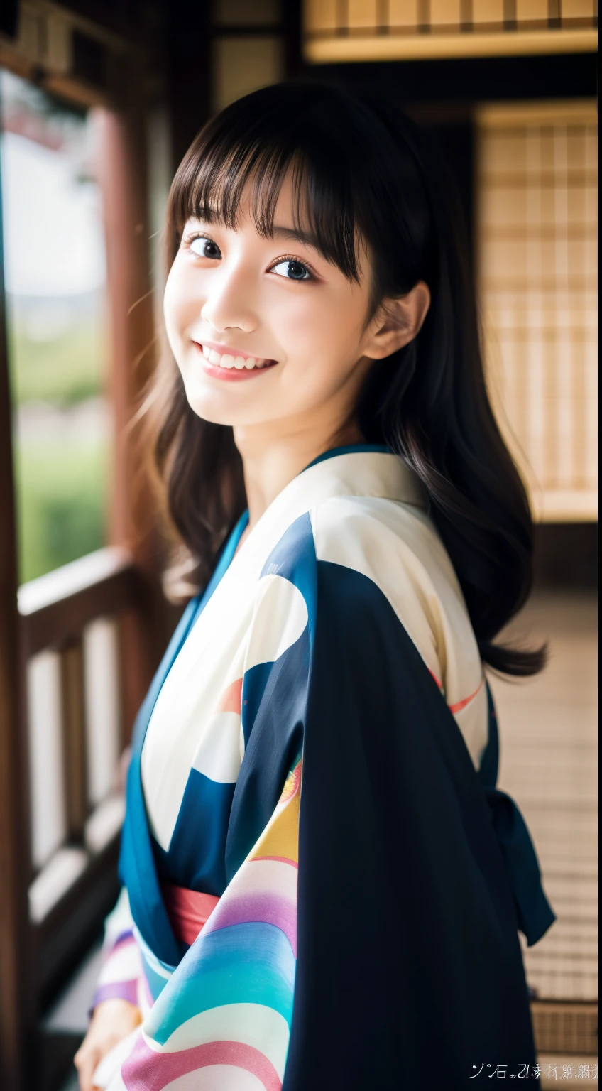 With open arms, Cute crying face, Laughs and Tears, 最high quality、high quality、Best image quality、8k、最High resolution、High resolution、temple, Realistic photos, Healthy body, Beautiful Eyes, Flowing black hair, Colorful kimono, Calm expression, Soft lighting, Traditional Japanese art style, Vibrant colors, Peaceful atmosphere, Delicate features, Graceful posture, Beautiful Landscape