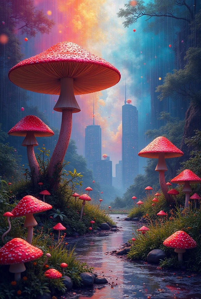 LSD effect, colorful rain of mushrooms , metropolis in the background ,
