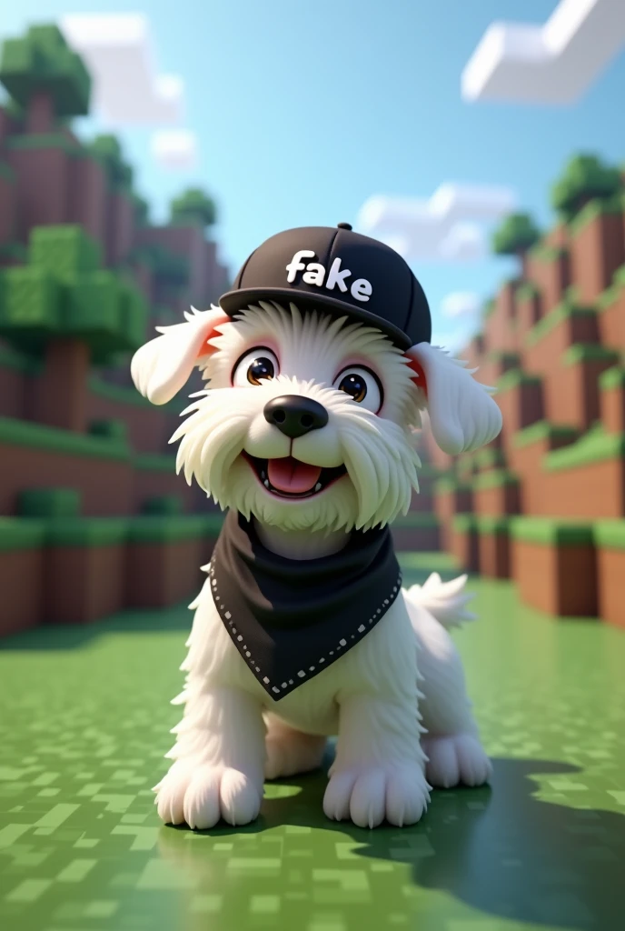 White terrier dog with a black bandana with white in the mouth and a black cap backwards saying Fake and Minecraft background