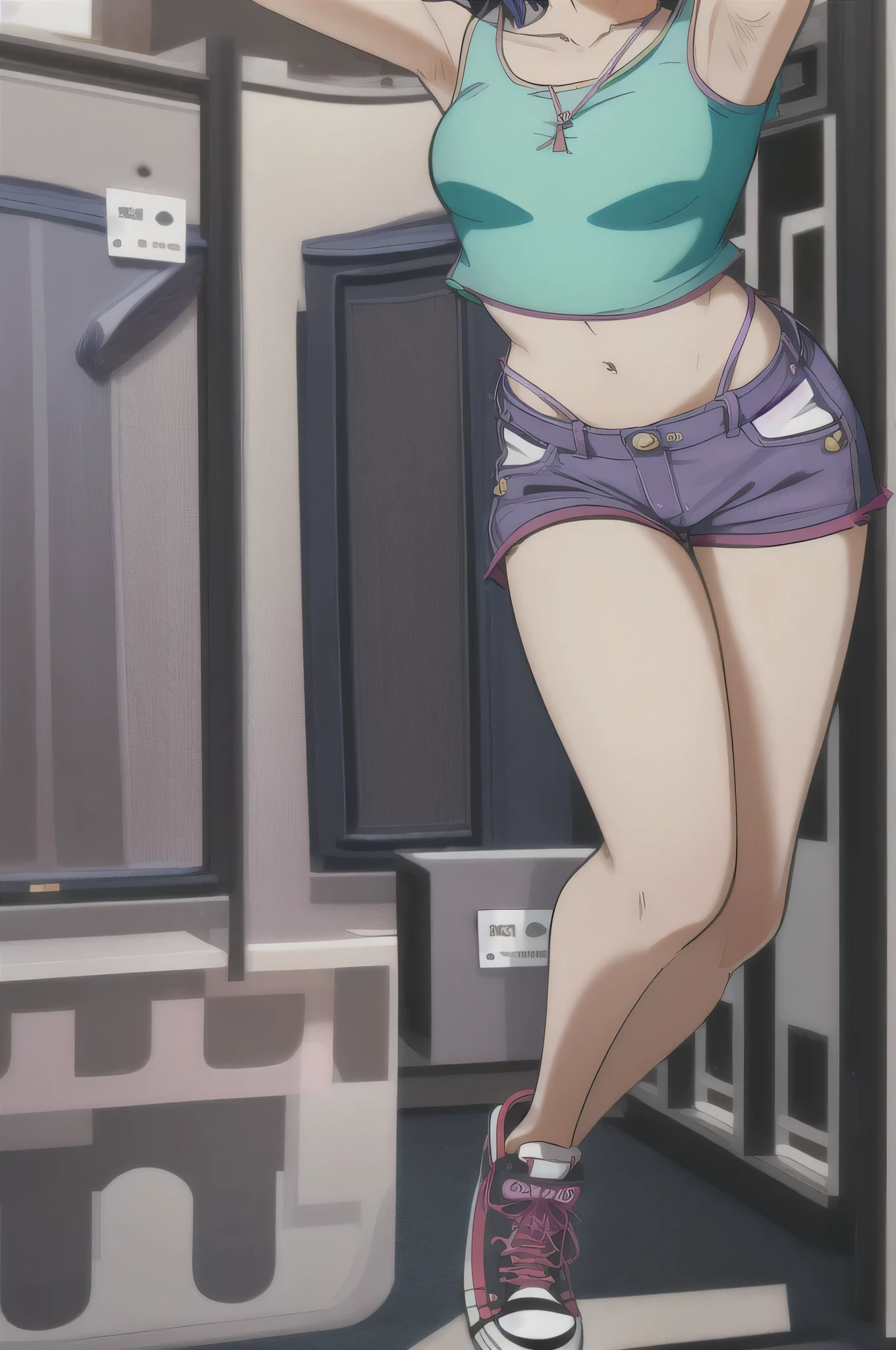 noodles (Gorillaz), masterpiece, best quality, solo, purple hair, medium hair, looking at the viewer, bangs, upturned nose, converse, over-eye hair, high tops, blush, detailed fingers, 5 fingers, sfw, sexy expression, seductive smile, detailed music studio background, denim shorts, small breasts, long stockings, portrait, crop top, midriff, detailed tummy, standing, detailed between legs, freckles, makeup, legs open, breast teasing, hands behind the head, taking off shirt, panties, flirty pose, showing armpit, showing skin, heart eyes