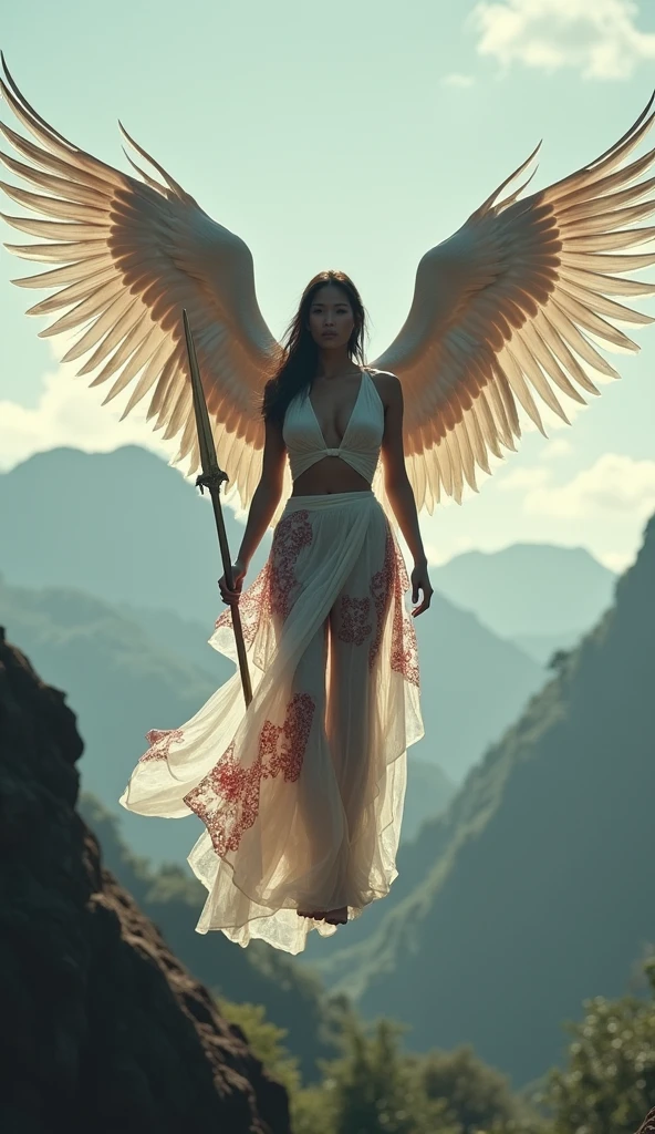  
Sci-fi fantasy, cenematic, Naked, nude, topless, A woman wearing a ransparent shawl made of used plastic, large and sexy breasts, super sexy, beautiful, with wings like Indonesian garuda, holding a spear, wearing a very long white skirt with pattern red and white colour with red and white motifs, above the sky, flying on top of mountains, hovering, with a shooting angle from the front, very realistic, (complex detail: 0.9), (hdr, hyperdetail: 1.2), RAW, Sony Alpha a9 II, 24-105mm f/4, HDR, indonesian woman