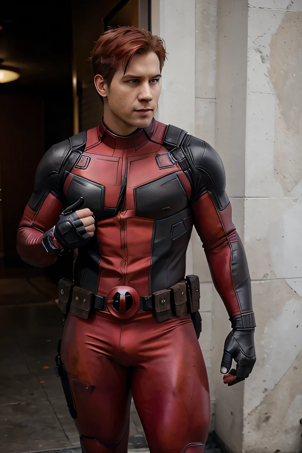 (high quality), (full body shot), (humanoid), white male, medium red dyed hair, brown eyes, perfect muscular-thick body, and biggest chest, and biggest thighs. he wears an deadpool black and red suit.