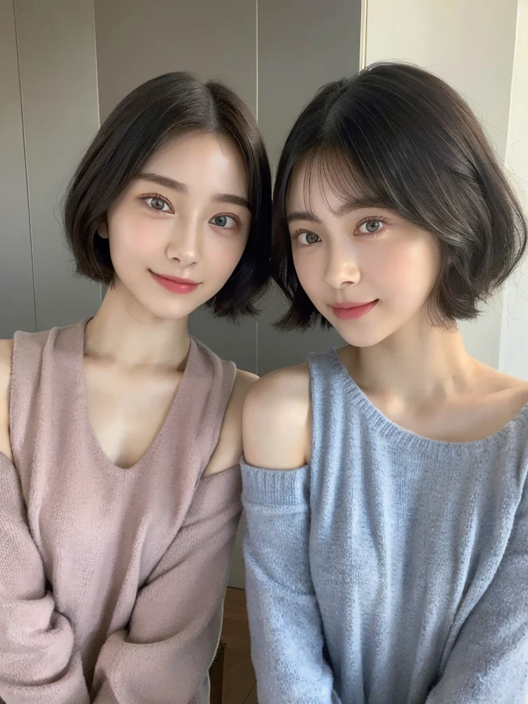 (masterpiece:1.3), (8k, Photoreal, Raw photo, best image quality: 1.4), Japanese high school girl、(random hairstyle:1.2)、cleavage:1.5、super detail face、eye for details、double eyelid、chest to chest、sharp focus:1.2、Beautiful woman:1.4、light brown hair、highest quality、masterpiece、超A high resolution、(Photoreal:1.4)、Highly detailed and professionally lit smiles、loose and light knitwear、shoulder out、thin、serious expression、short haired、deadly position
similar identical twins
All the girls have the exact same face, The two have the same face and figure, as if they were mirror images.