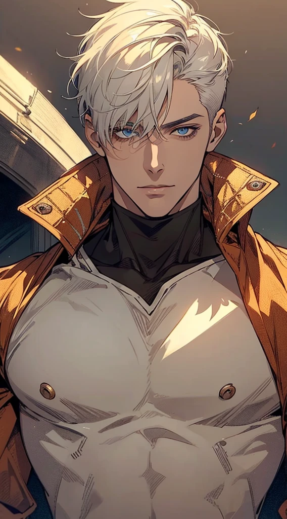 Handsome man , White hair , very Short hair, ((crew cut hair style:1 )) , Blue eyes , light skin , ((muscular:1)),masculine ,age 28,
(masterpiece, best quality:1.3),beautiful detailed glow,best illuminate,(((best quality,textile shading,ultra detailed))),extremely detailed CG unity 8k wallpaper,Highly Detailed beautiful and aesthetic,best light,high resolution,detailed,dynamic lighting , 1Character , pastel washed out colors , cell shade , soft, muted shades ,gentle colors ,
Wearing an orange turtle neck , close up head shot , fall colors , orange brown and leaves in the background, background blur, fall scene,