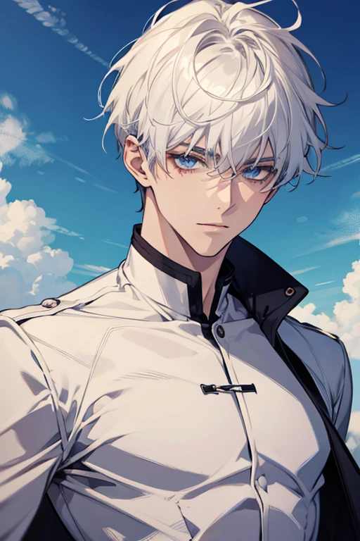 1 men, short White hair, beautiful face, defined body, sky blue eyes