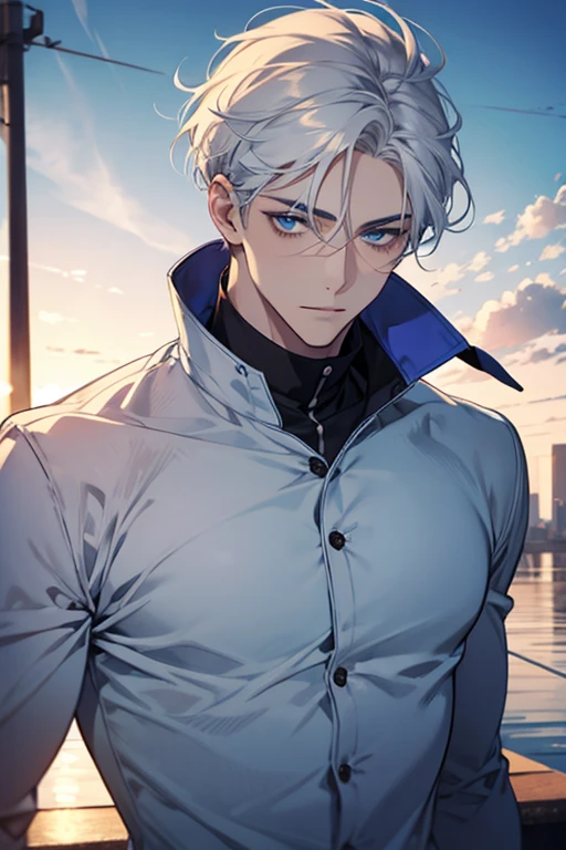 1 men, short White hair, beautiful face, defined body, sky blue eyes